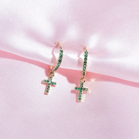Matilda Green Cross Huggie Hoops
