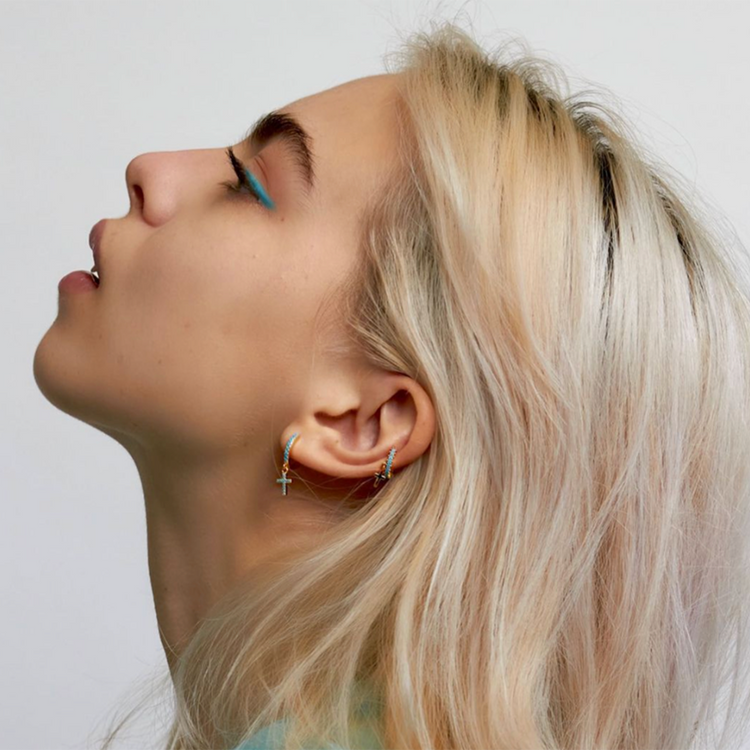 Hannah Turquoise Huggie Hoops Model