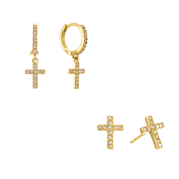 The Camilla Cross Huggie & Camilla Cross Stud Set – Gold & Crystal