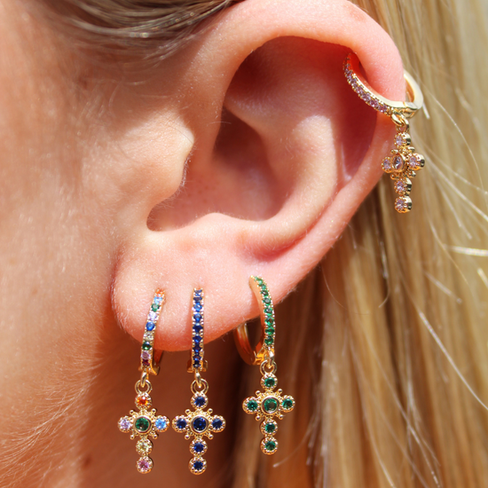 Valentina Rainbow Gold Cross Huggie Earrings
