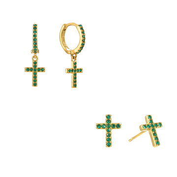 The Camilla Cross Huggie & Camilla Cross Stud Set – Gold & Green