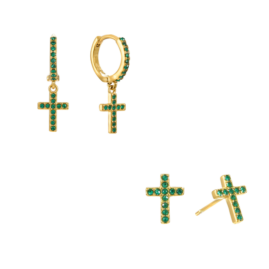 The Camilla Cross Huggie & Camilla Cross Stud Set – Gold & Green