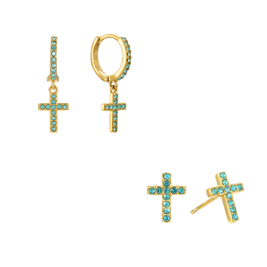 The Camilla Cross Huggie & Camilla Cross Stud Set – Gold & Turquoise