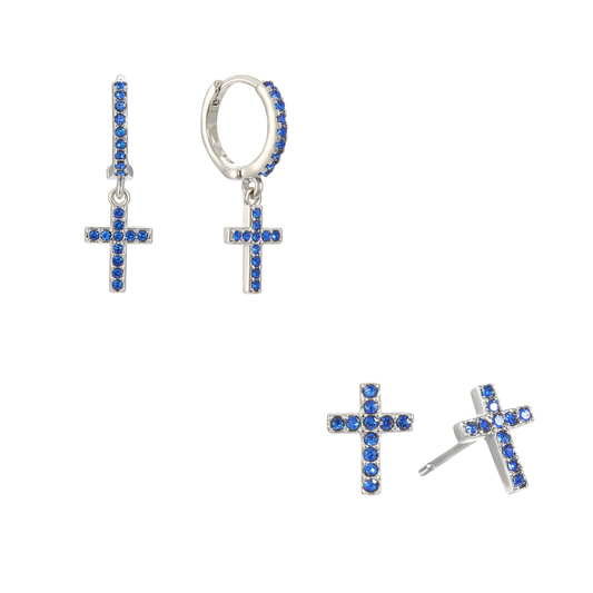 The Camilla Cross Huggie & Camilla Cross Stud Set – Silver & Blue