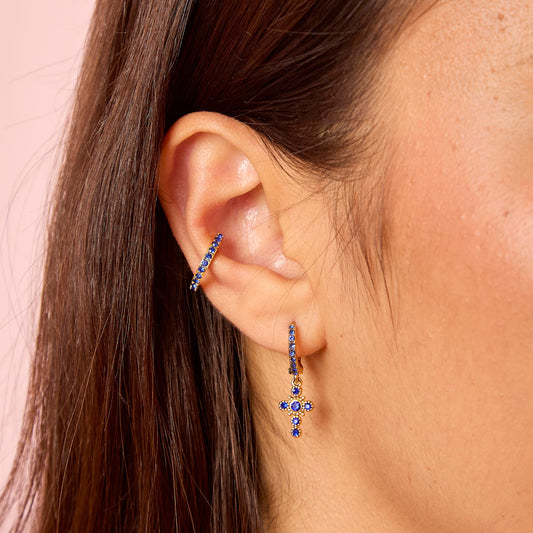 Isabella Gold Blue Cross Huggie Earrings