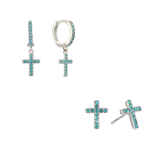 The Camilla Cross Huggie & Camilla Cross Stud Set – Silver & Turquoise