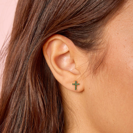 Camilla Gold Green Cross Stud Earrings