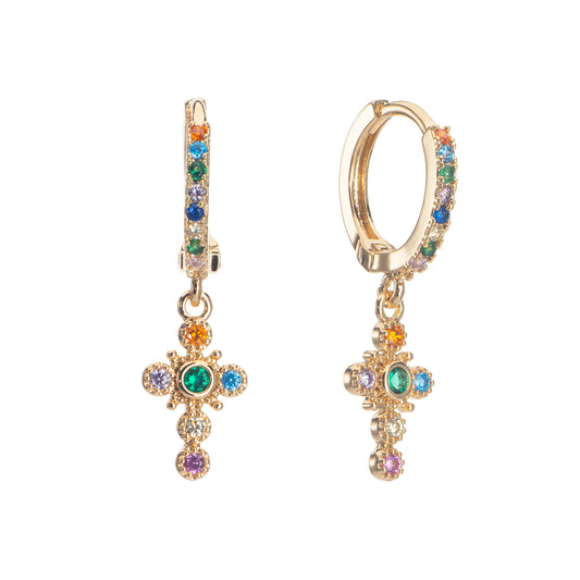 Isabella Rainbow Gold Cross Huggie Earrings