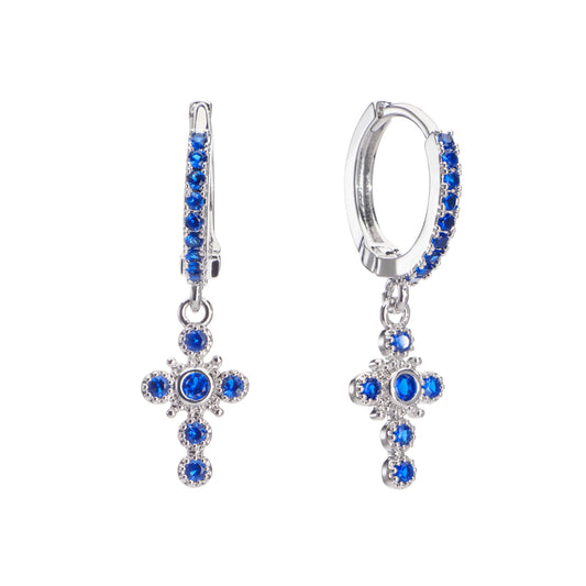 Isabella Blue Silver Cross Huggie Earrings