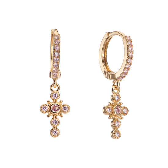 Isabella Pink Gold Cross Huggie Earrings