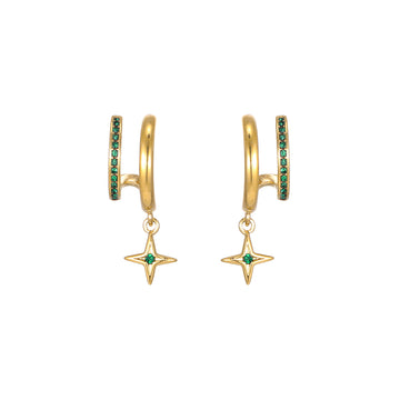 Anya Gold Green Star Double Huggie Earrings
