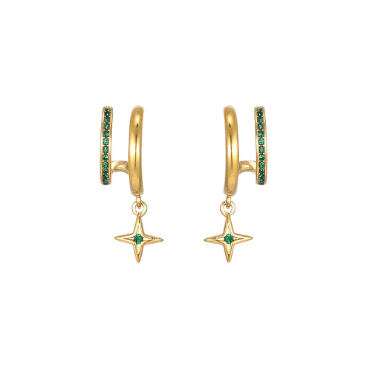 Anya Gold Green Star Double Huggie Earrings
