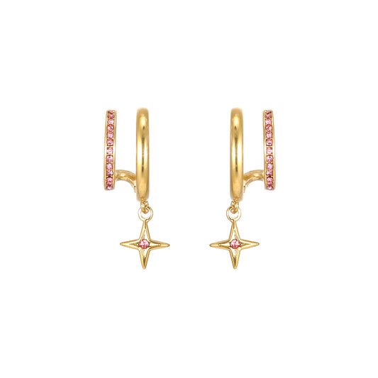 Anya Gold Pink Star Double Huggie Earrings