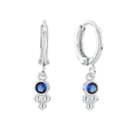 Trinity Silver Blue Gem Droplet Huggie Earrings