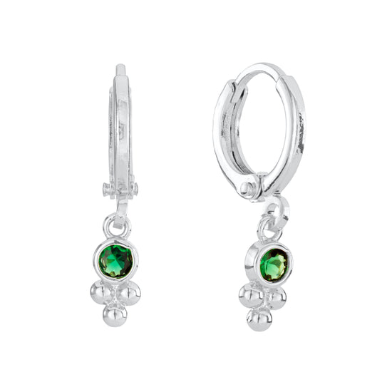 Trinity Silver Green Gem Droplet Huggie Earrings