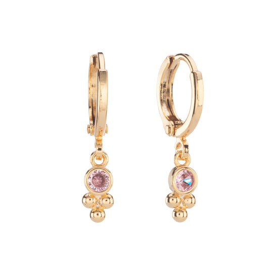 Trinity Gold Pink Gem Droplet Huggie Earrings