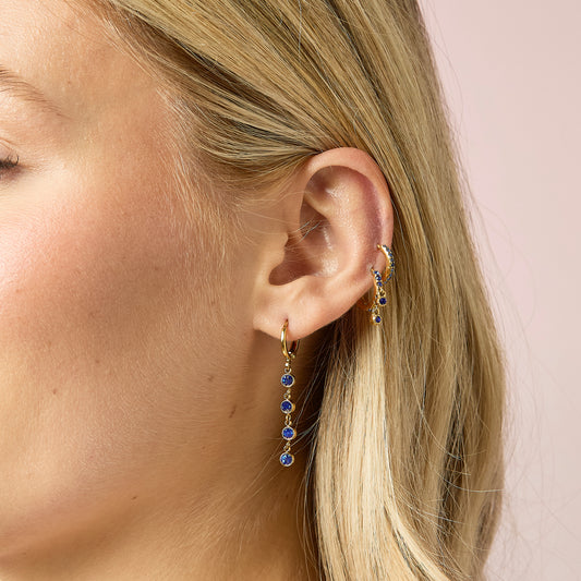 Camelia Blue Gold Dainty Double Gem Huggie Earrings
