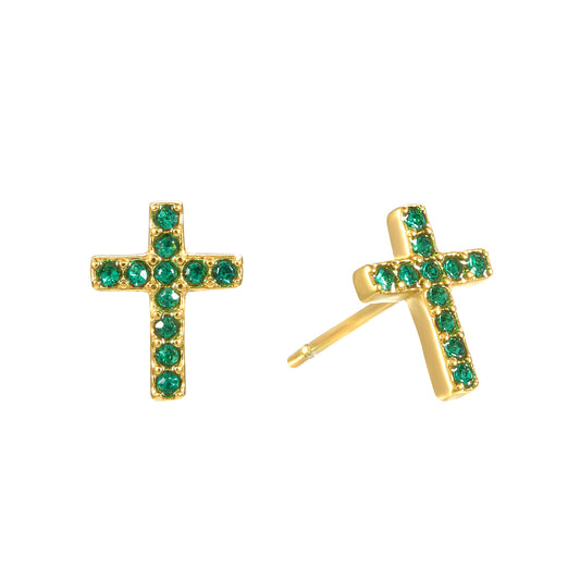 Camilla Cross Stud Earrings Gold & Green