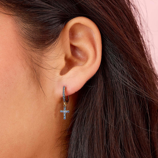 Camilla Blue Gold Cross Huggie Earrings
