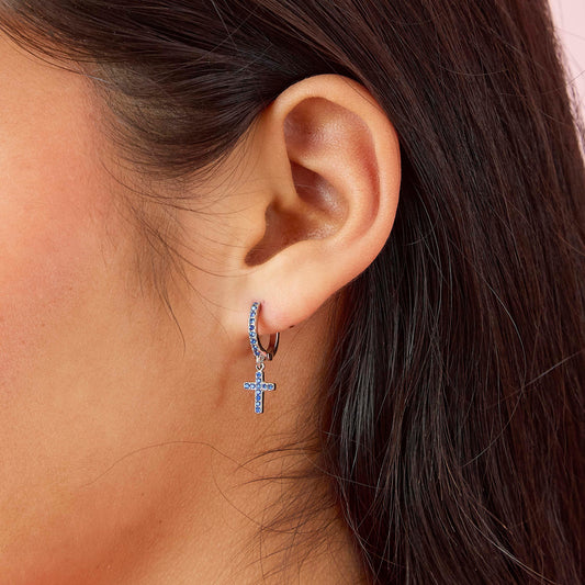 Camilla Silver Blue Cross Huggie Earrings