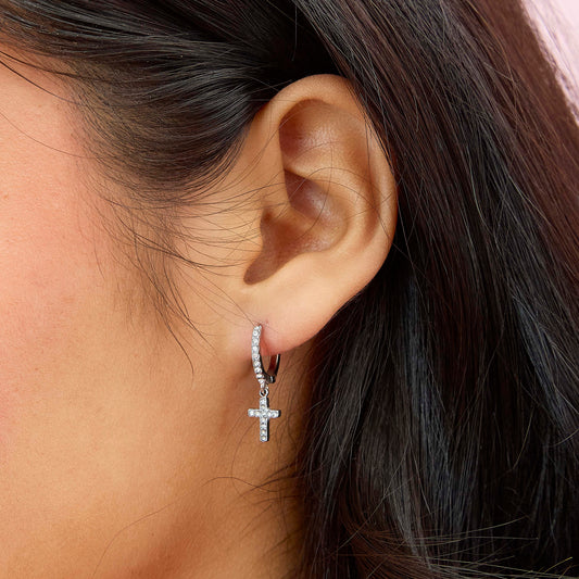Camilla Silver Crystal Cross Huggie Hoops
