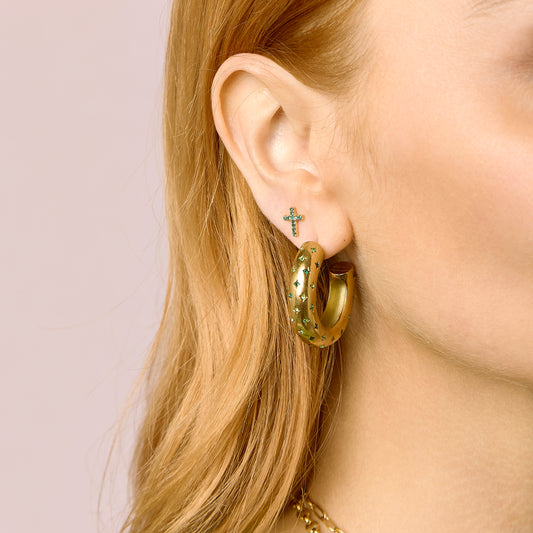 Camilla Cross Stud Earrings Gold & Green