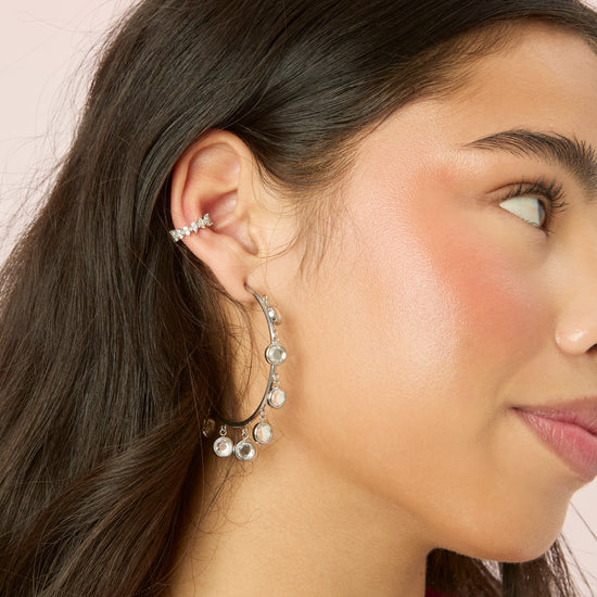 Faiza Droplet Statement Hoops Crystal  & Silver