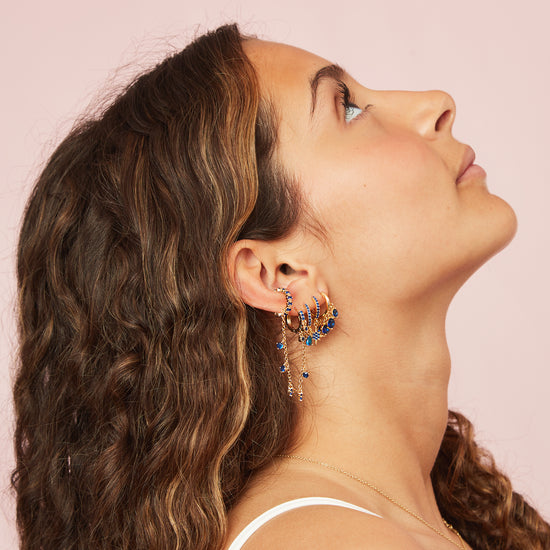 Gold Blue Chunky Ear Cuff & Droplet Chain