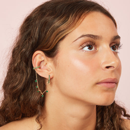Millie Gold Green Chunky Ear Cuff & Droplet Chain