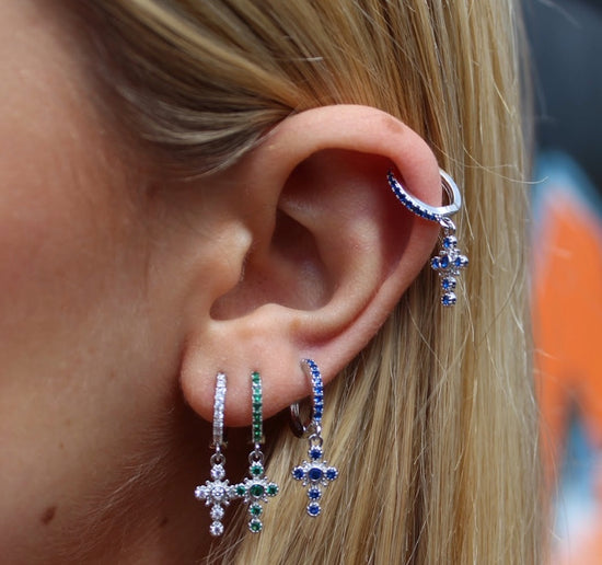 Ella Crystal Silver Cross Huggie Earrings