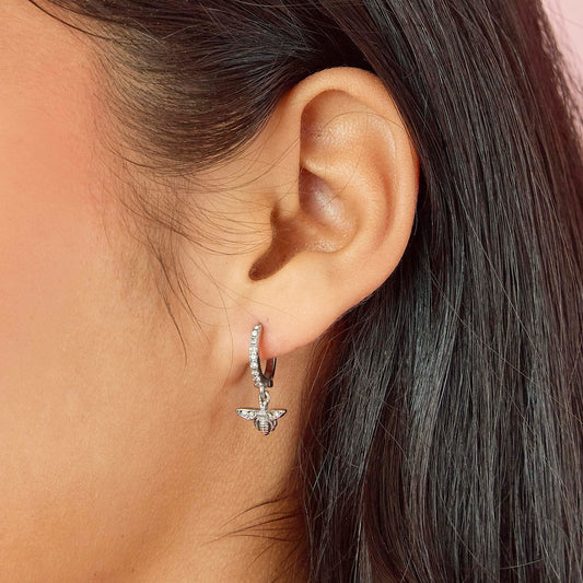 Ines Crystal Silver Bee Huggie Earrings