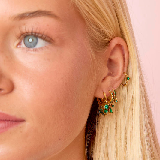 Iris Gold Green Waterfall Droplet Huggie Earrings