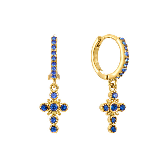 Isabella Blue Gold Cross Huggie Earrings