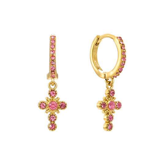Isabella Pink Gold Cross Huggie Earrings