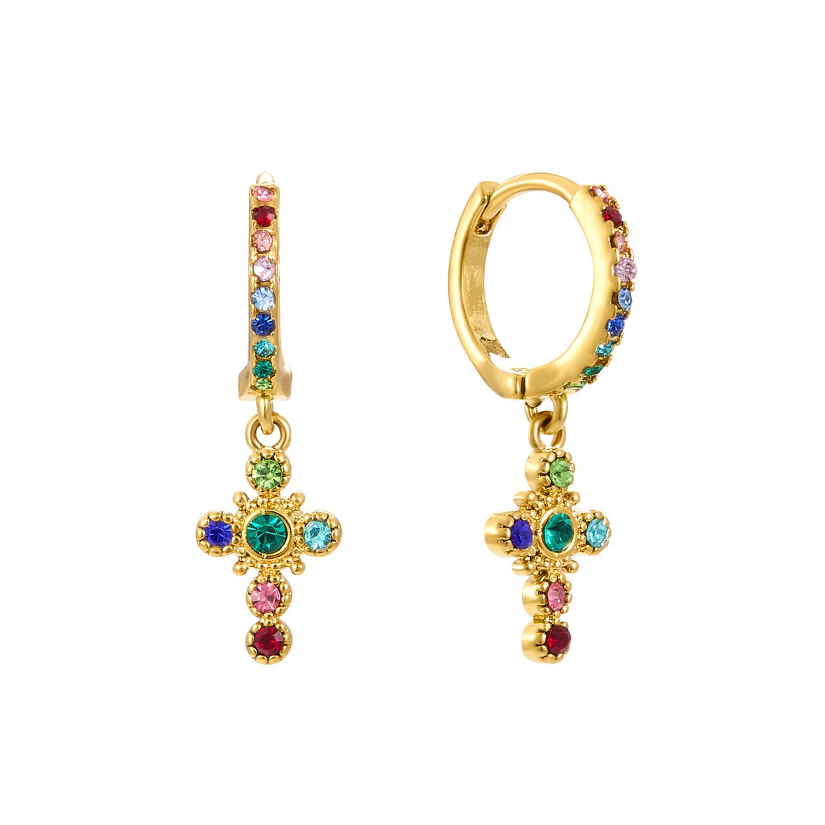 Isabella Rainbow Cross Huggie Earrings