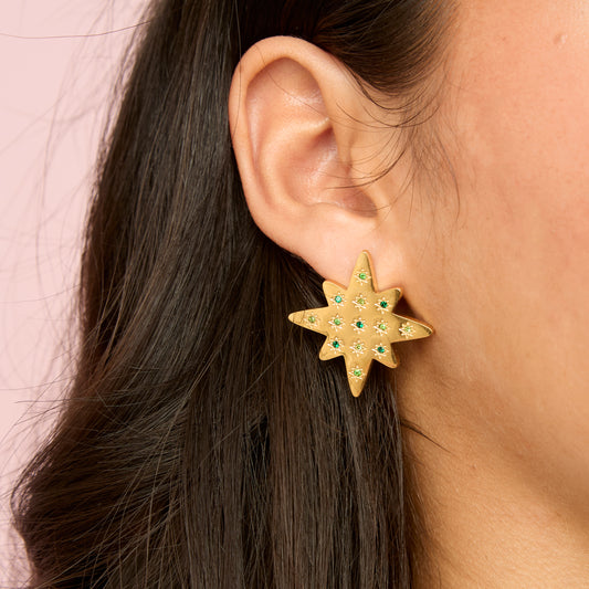 Kiki Gold Multi-Green Star Stud Earrings