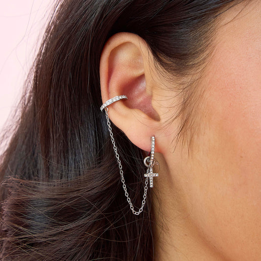Kitty Crystal Silver Dainty Cuff & Ear Chain