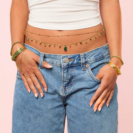 Ysabelle Gold Green Double Droplet Stacking Belly Chain
