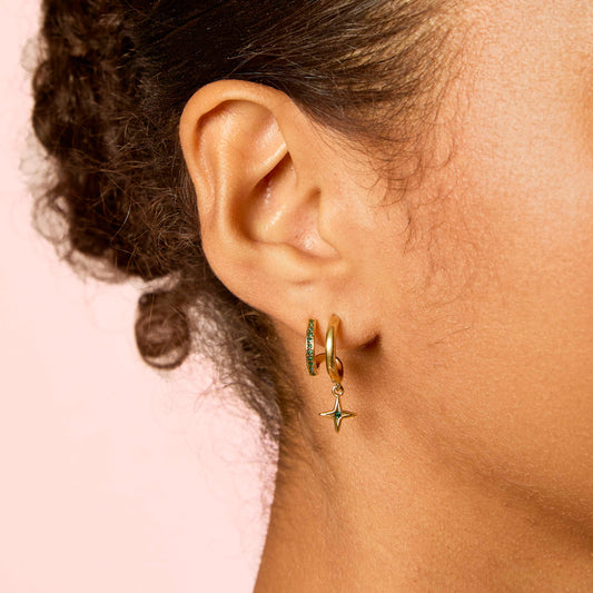 Anya Gold Green Star Double Huggie Earrings