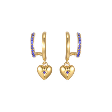 Macy Gold Blue Heart Double Huggie Earrings