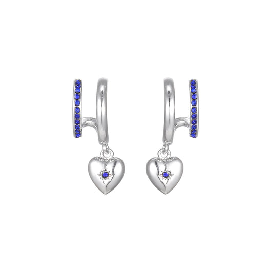 Macy Silver Blue Heart Double Huggie Earrings