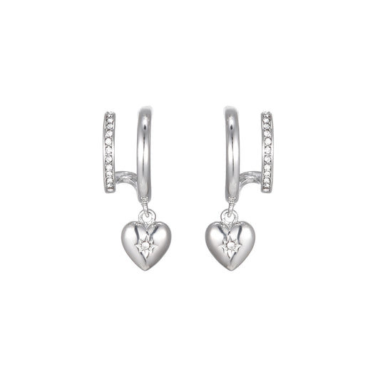 Macy Silver Crystal Heart Double Huggie Earrings