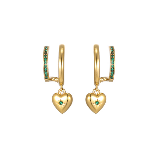 Macy Gold Green Heart Double Huggie Earrings