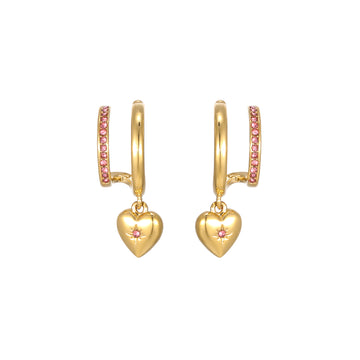 Macy Gold Pink Heart Double Huggie Earrings