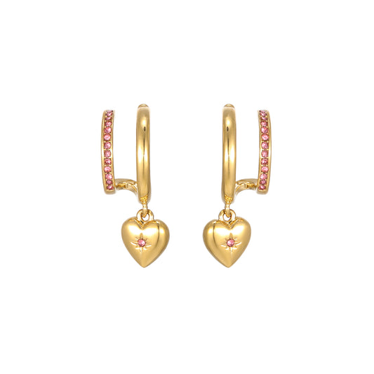 Macy Gold Pink Heart Double Huggie Earrings