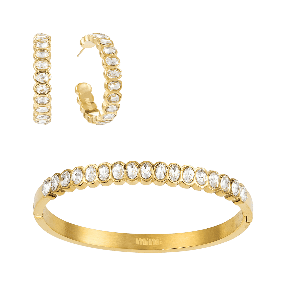 Bijoux De Mimi  Gold jewelry set featuring a huggie hoop earring and a matching bangle bracelet, both adorned with clear oval and round stones.