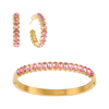 Bijoux De Mimi Gold jewellery set featuring a bangle bracelet and matching hoop earrings, both adorned with oval pink gemstones