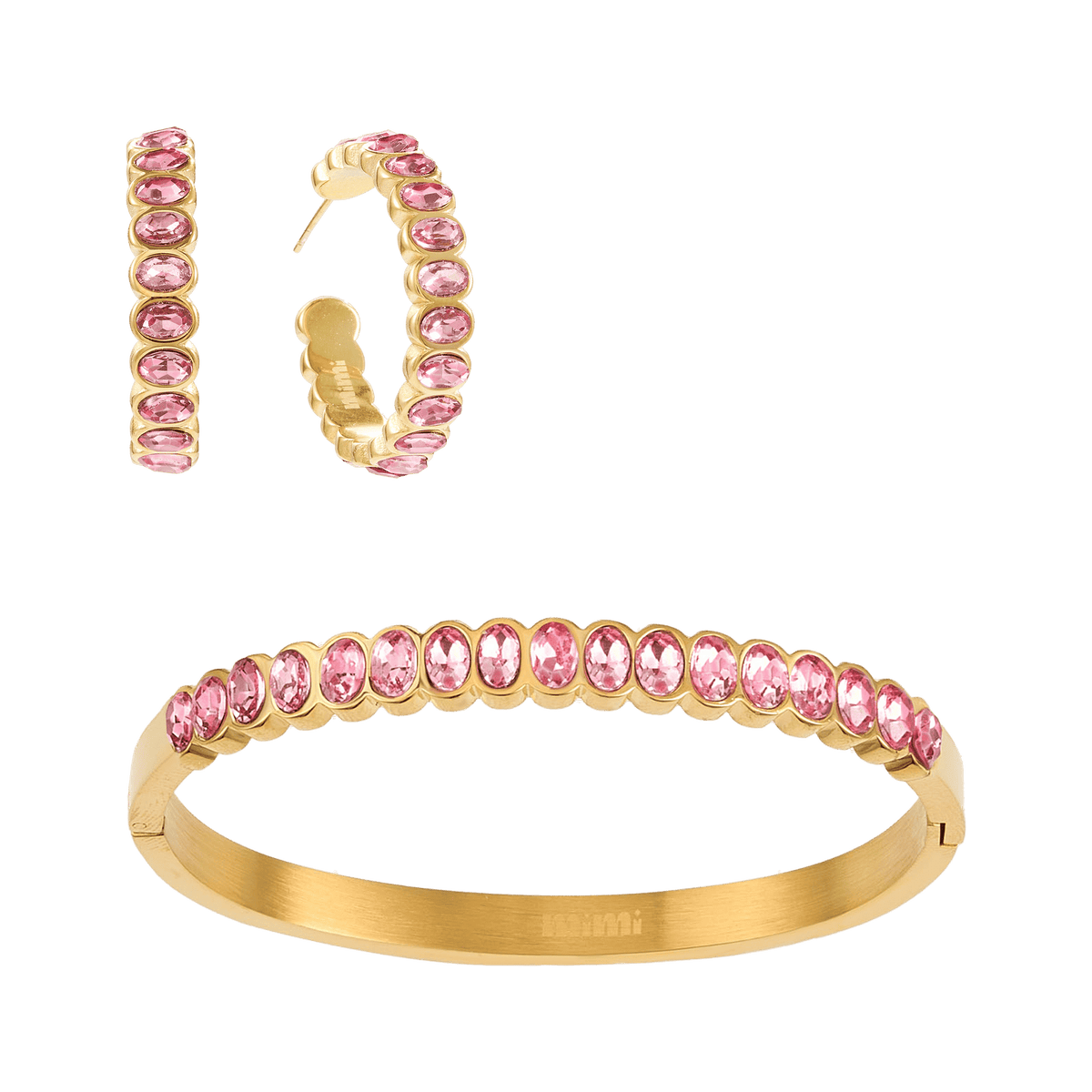Bijoux De Mimi Gold jewellery set featuring a bangle bracelet and matching hoop earrings, both adorned with oval pink gemstones