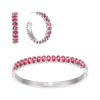 A Bijoux De Mimi jewellery set featuring a silver bangle bracelet and matching hoop earrings, both adorned with a row of oval-cut pink gemstones.