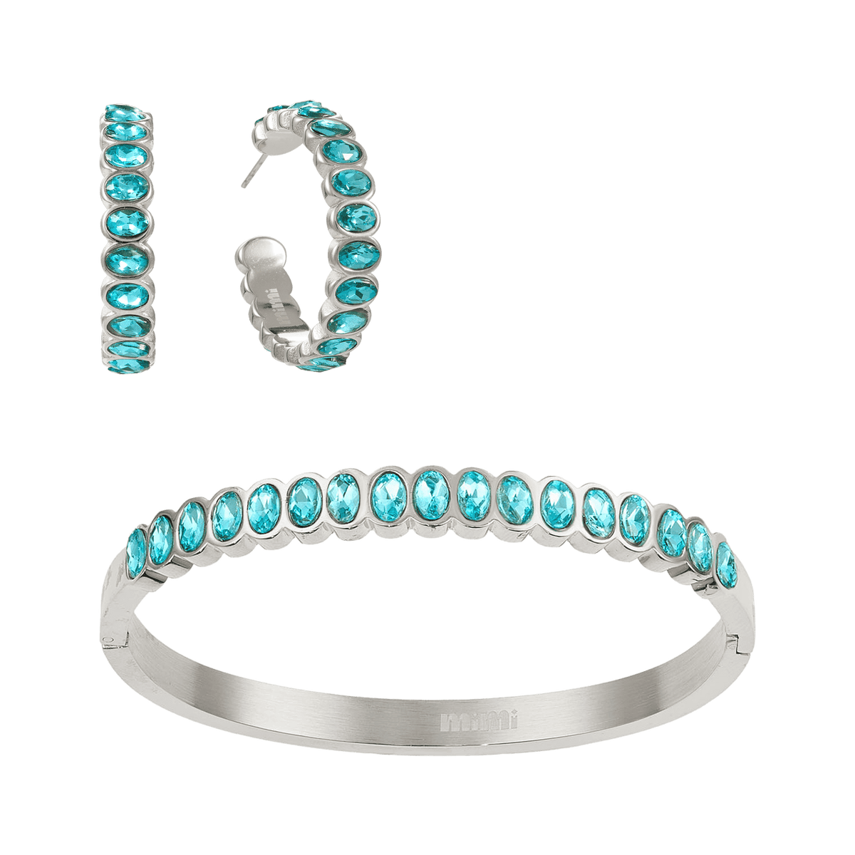 A Bijoux De Mimi silver jewellery set featuring a bangle bracelet and matching hoop earrings, both adorned with oval-cut light turquoise gemstones.